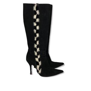 Escada Knee High Boots Sz 38.5 US 8.5 Black Leather Mink Trim Pointed Toe Italy